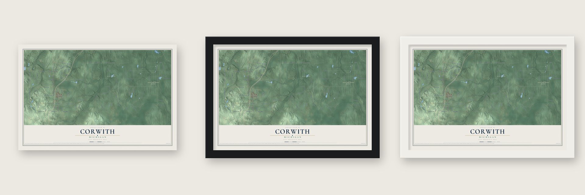 Corwith, Michigan map unframed, in a black wood frame and in a white wood frame