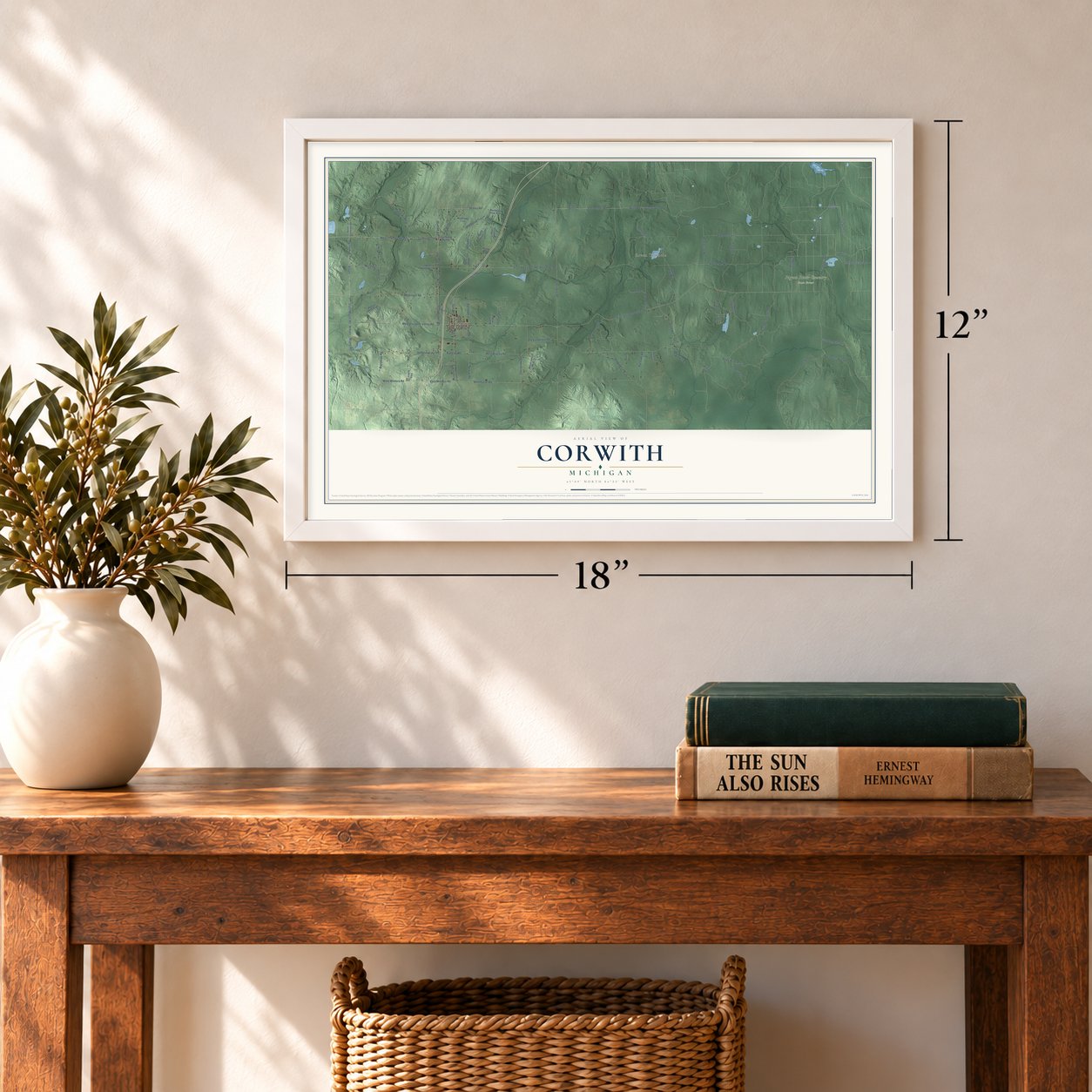 Corwith, Michigan map, 12 x 18 inch print in a white frame in an entryway