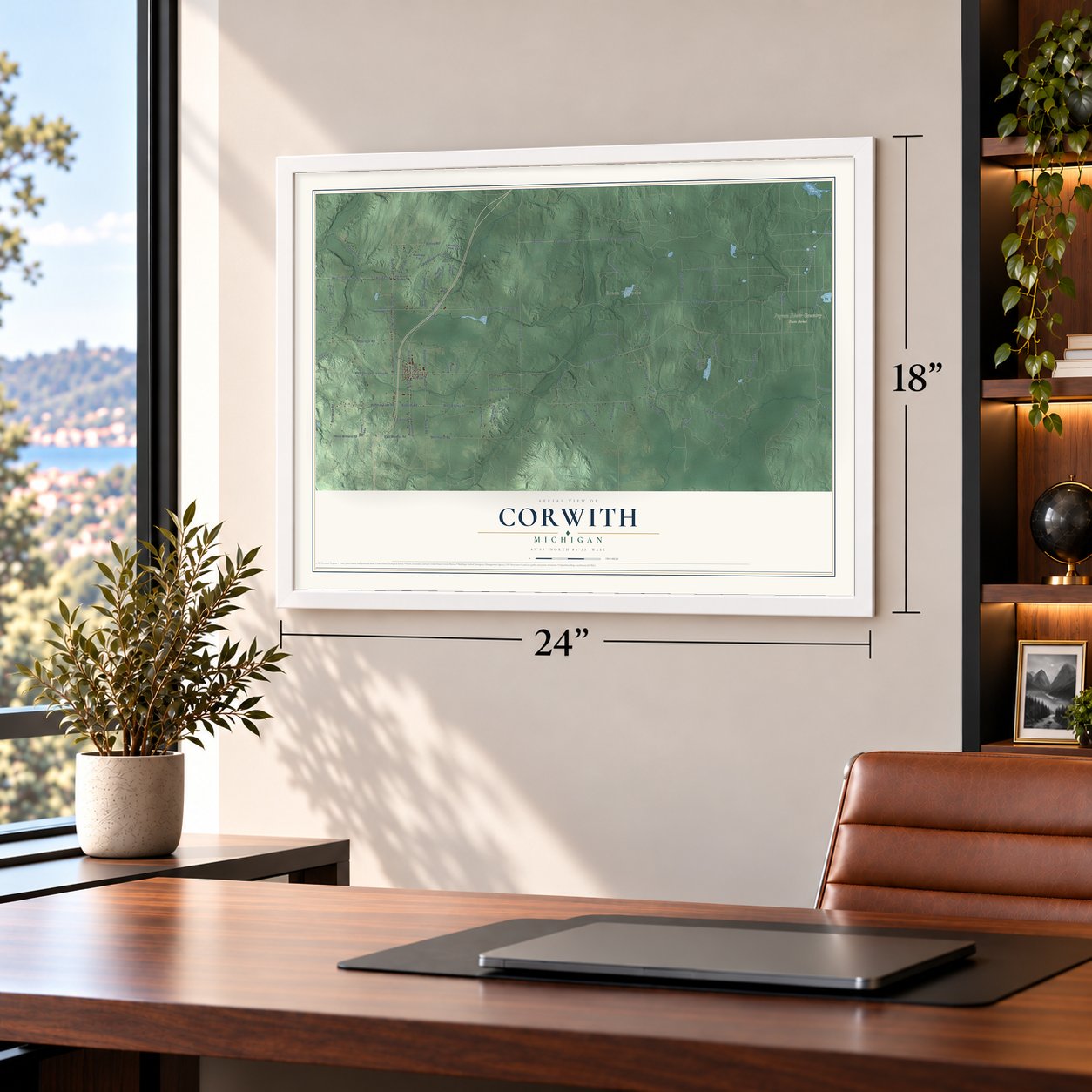 Corwith, Michigan map, 18 x 24 inch print in a white frame in a home office