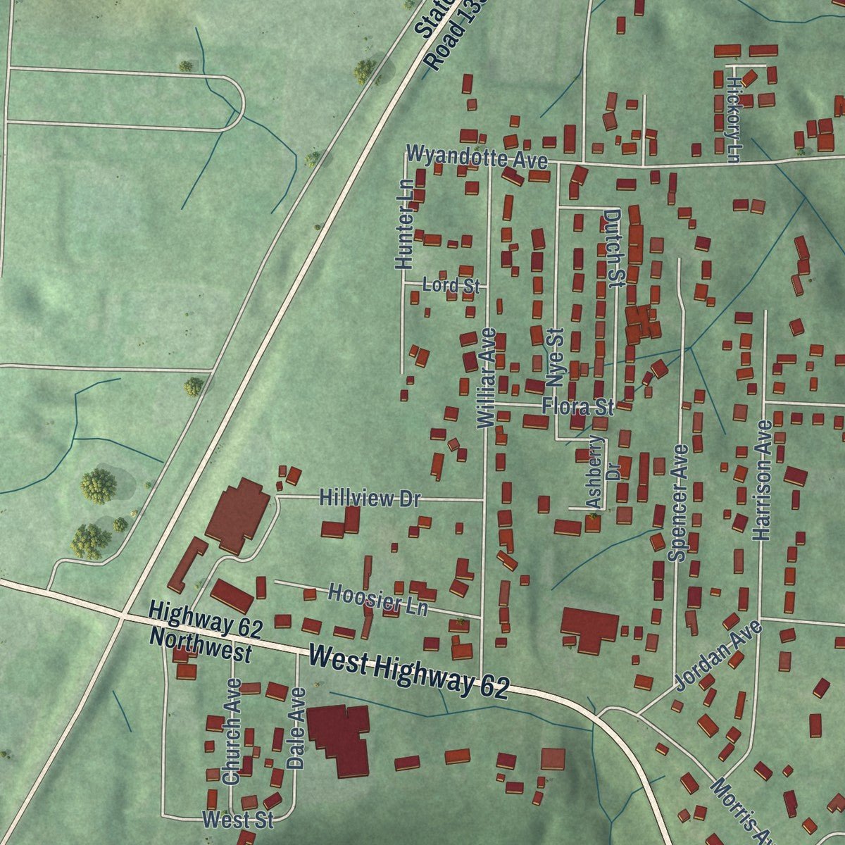 Second close-up of the map of Corydon, Indiana print showing more streets and buildings