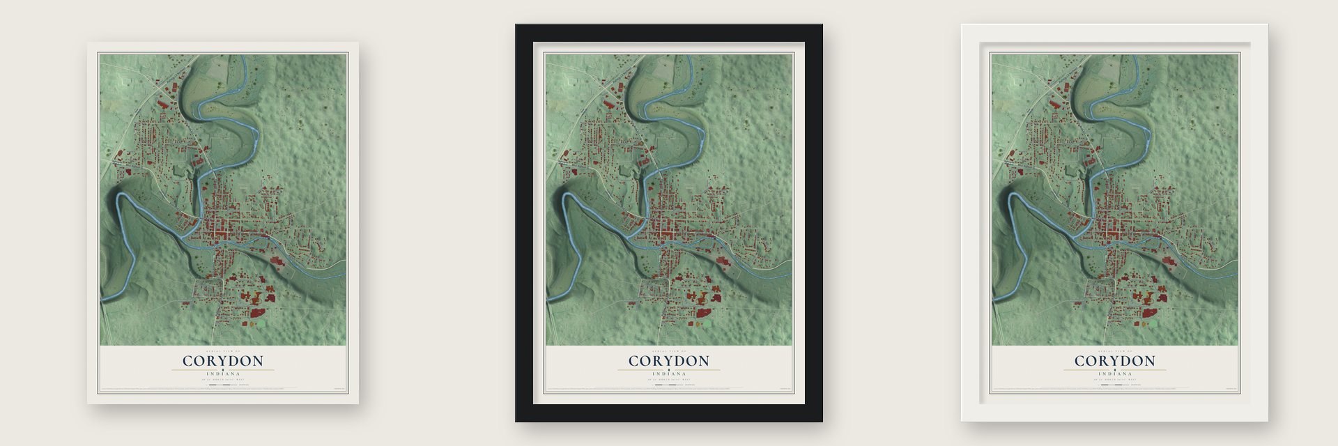 Corydon, Indiana map unframed, in a black wood frame and in a white wood frame