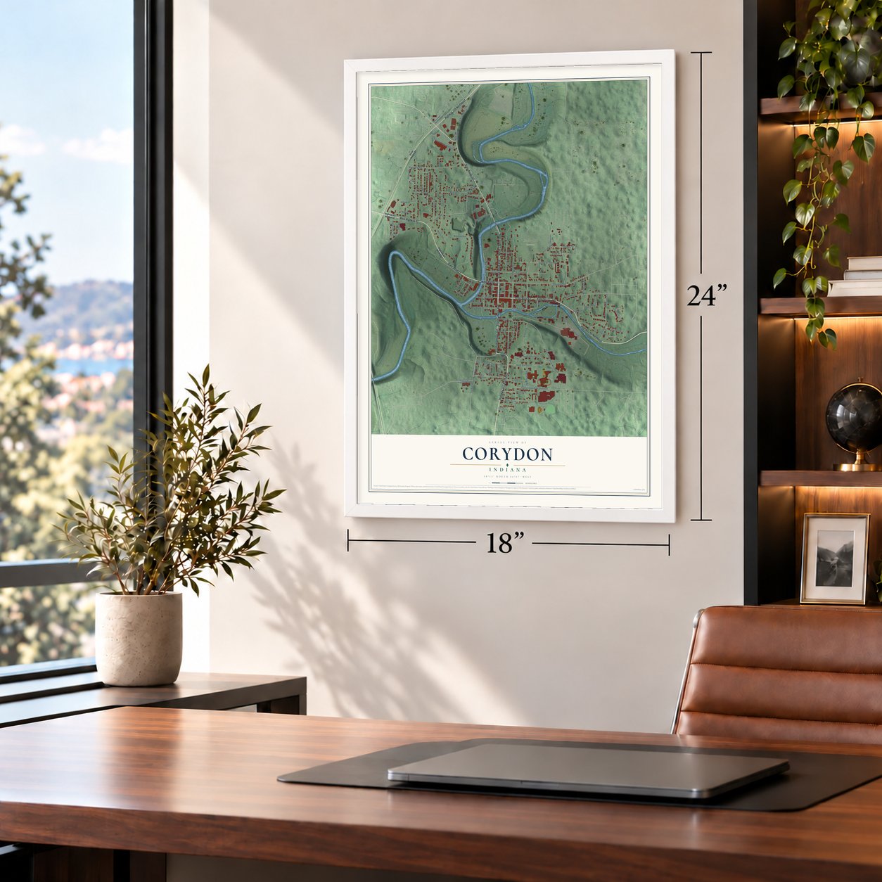 Corydon, Indiana map, 18 x 24 inch print in a white frame in a home office