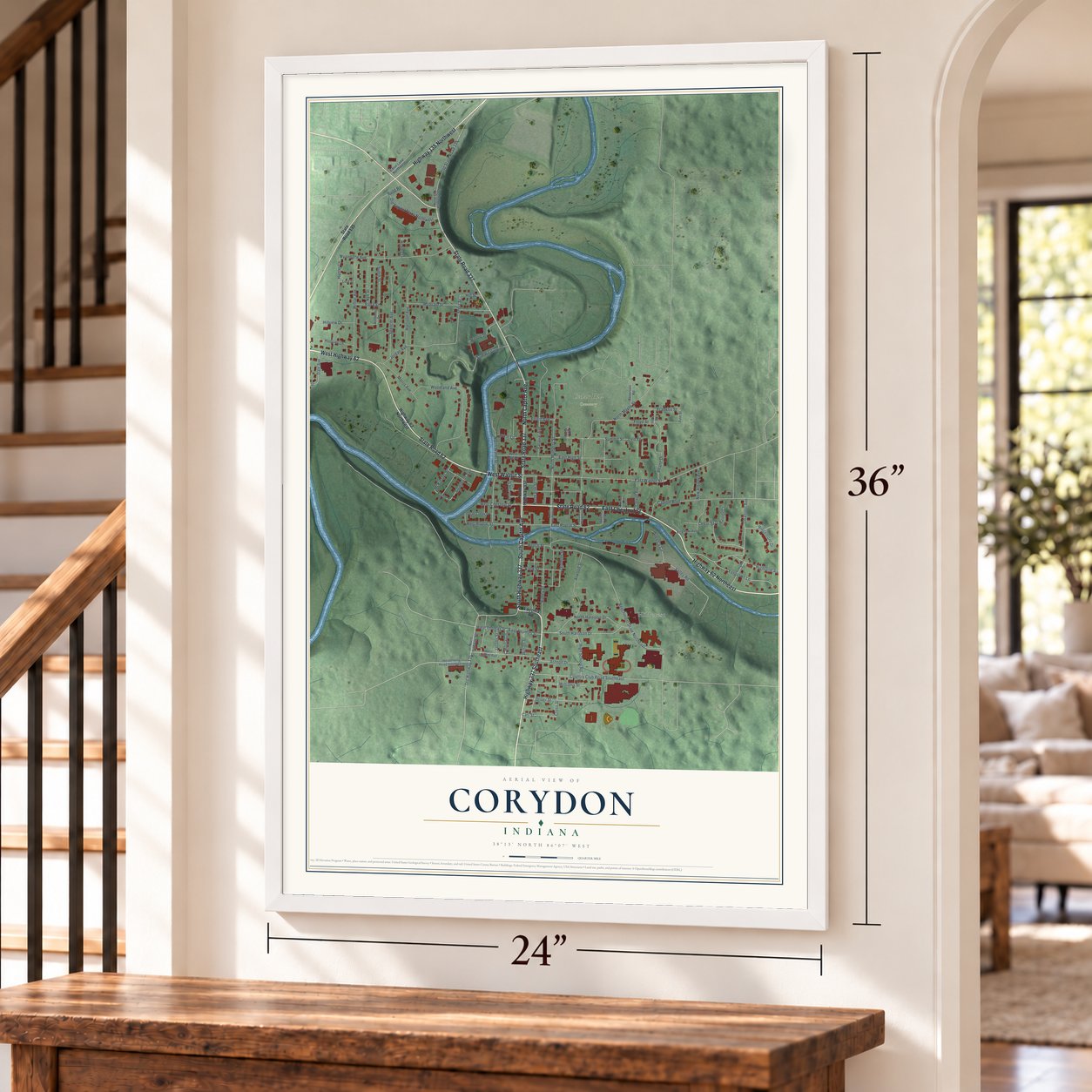Corydon, Indiana map, 24 x 36 inch print in a white frame by a staircase