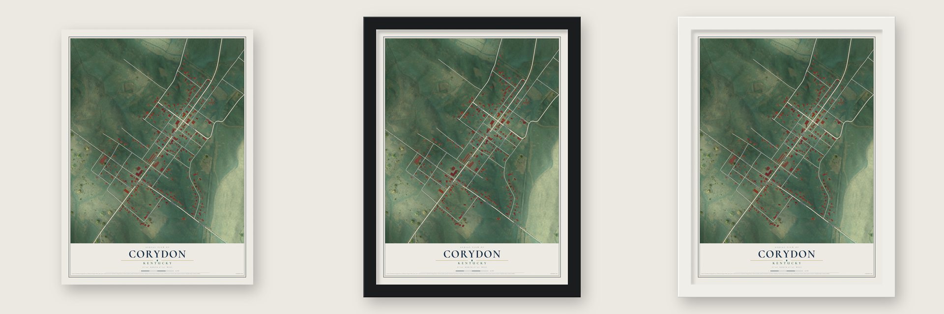 Corydon, Kentucky map unframed, in a black wood frame and in a white wood frame