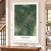 Corydon, Kentucky map, 24 x 36 inch print in a white frame by a staircase