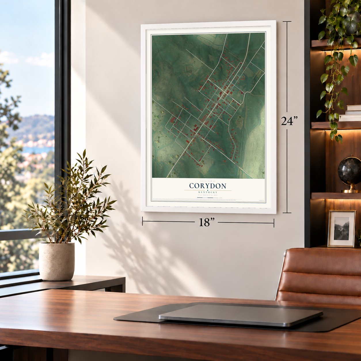 Corydon, Kentucky map, 18 x 24 inch print in a white frame in a home office