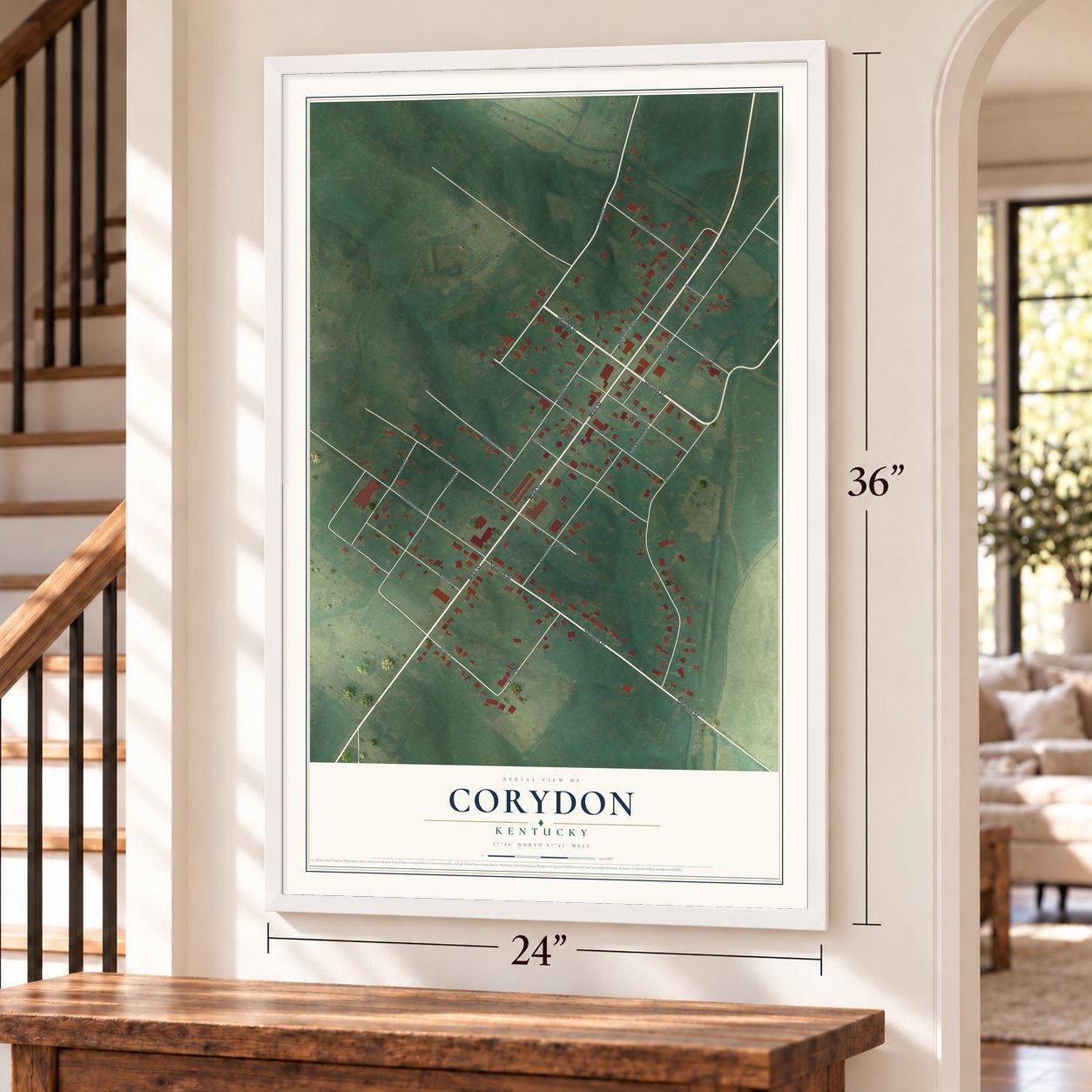 Corydon, Kentucky map, 24 x 36 inch print in a white frame by a staircase