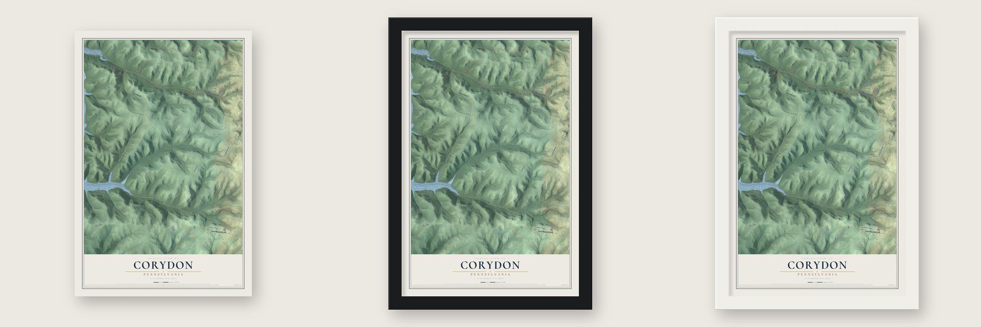 Corydon, Pennsylvania map unframed, in a black wood frame and in a white wood frame