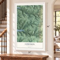 Corydon, Pennsylvania map, 24 x 36 inch print in a white frame by a staircase