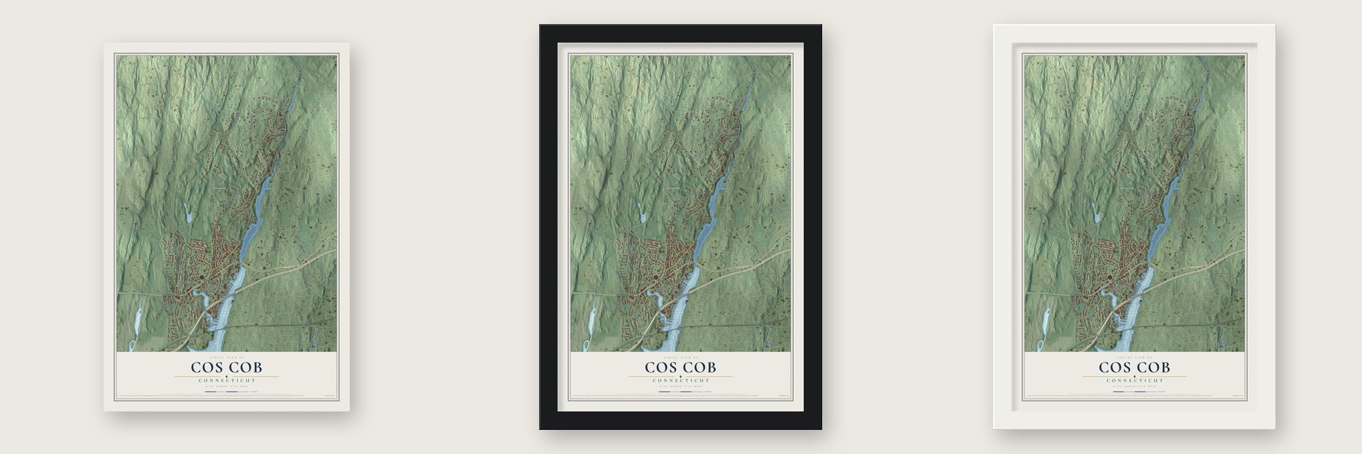 Cos Cob, Connecticut map unframed, in a black wood frame and in a white wood frame