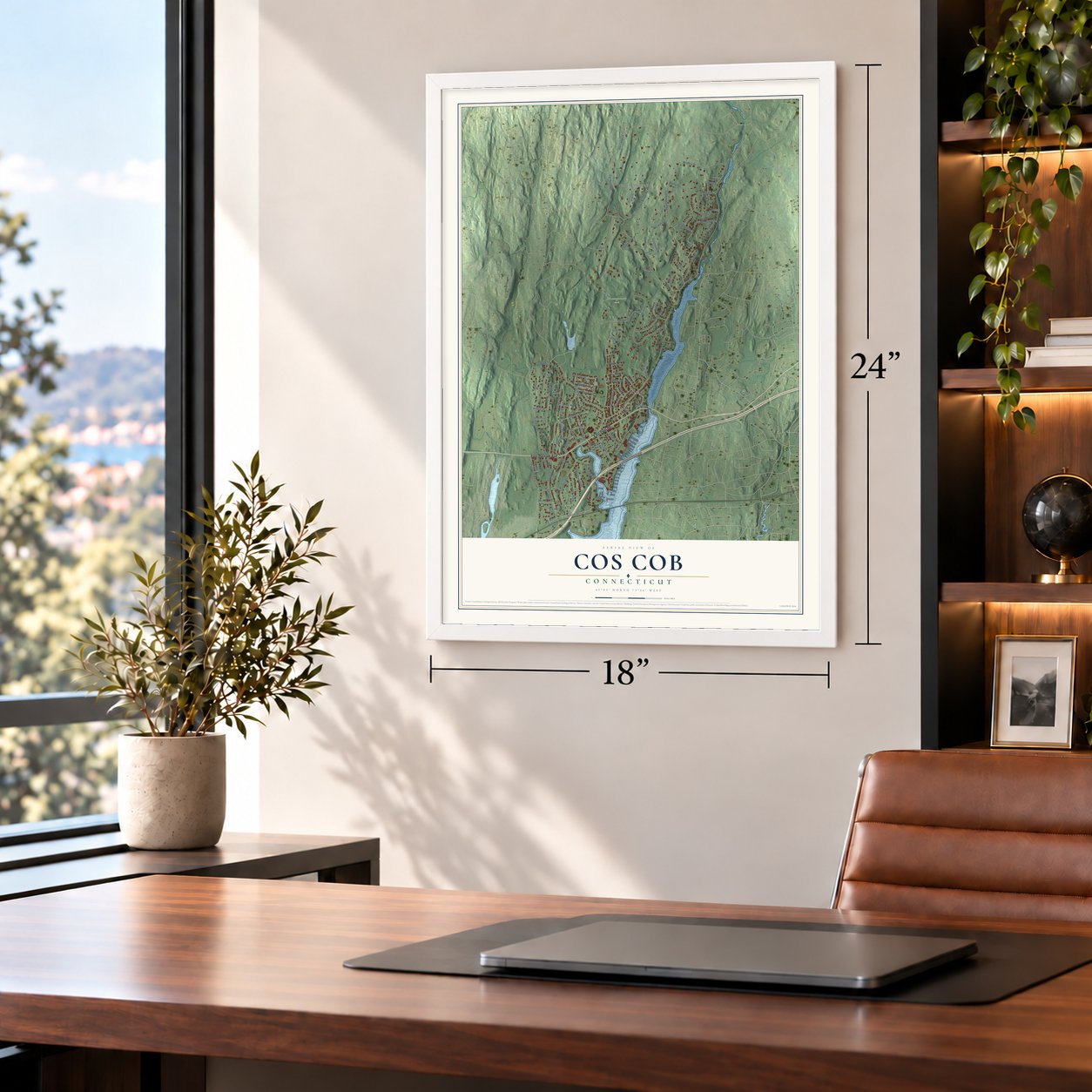 Cos Cob, Connecticut map, 18 x 24 inch print in a white frame in a home office