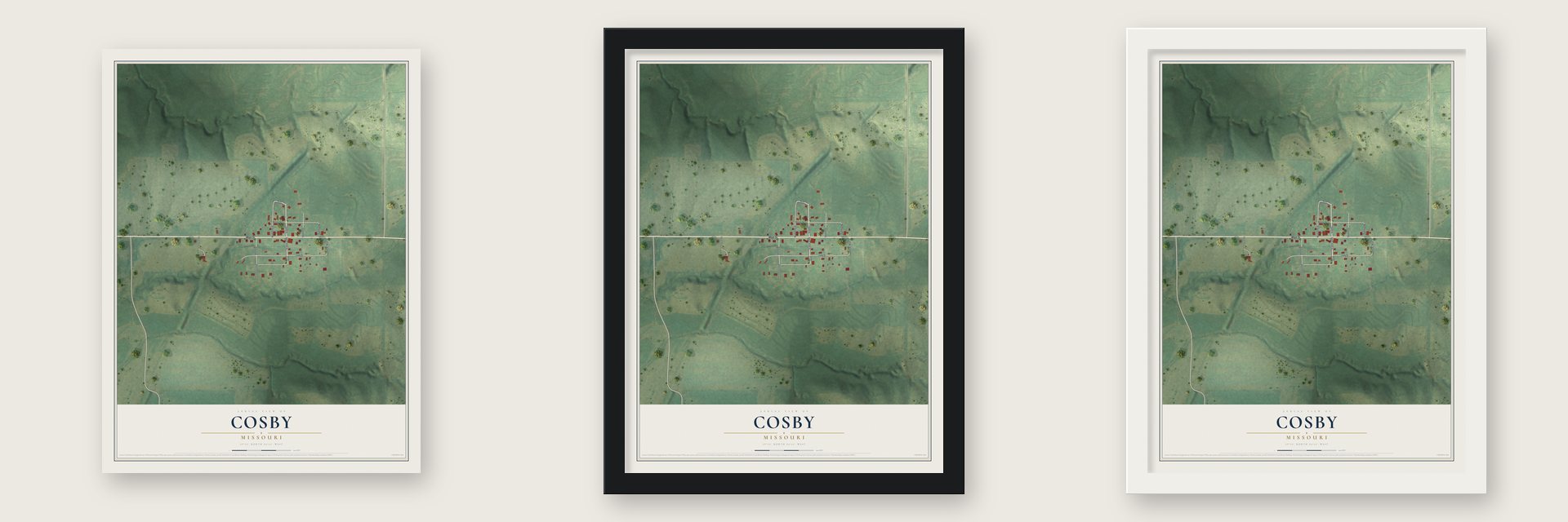 Cosby, Missouri map unframed, in a black wood frame and in a white wood frame