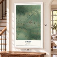 Cosby, Missouri map, 24 x 36 inch print in a white frame by a staircase