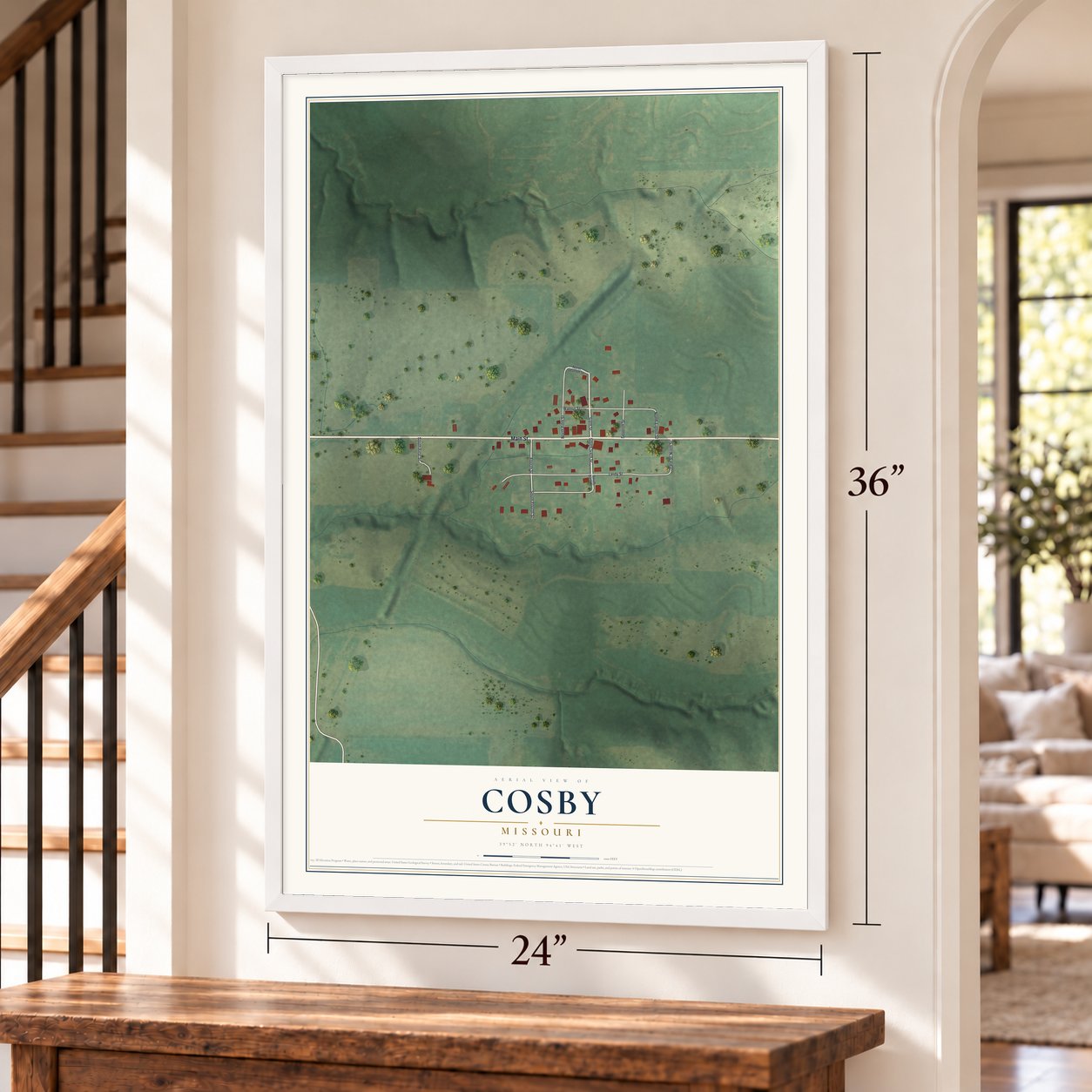Cosby, Missouri map, 24 x 36 inch print in a white frame by a staircase