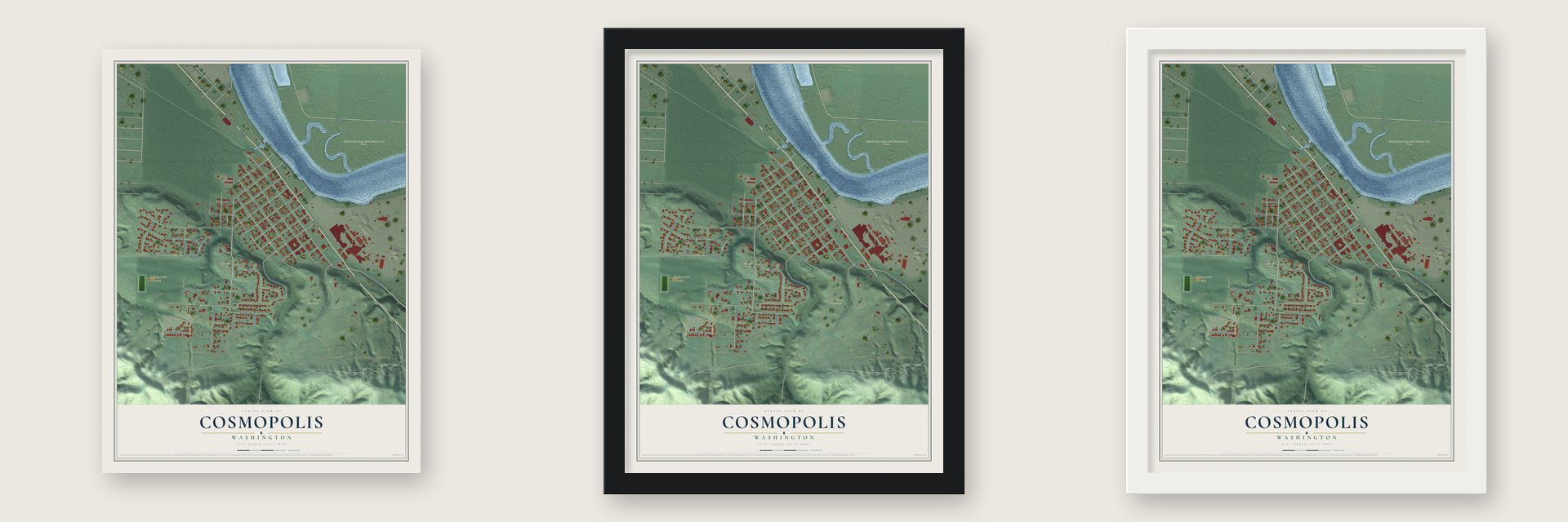Cosmopolis, Washington map unframed, in a black wood frame and in a white wood frame