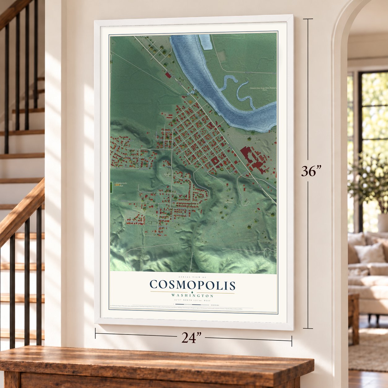 Cosmopolis, Washington map, 24 x 36 inch print in a white frame by a staircase