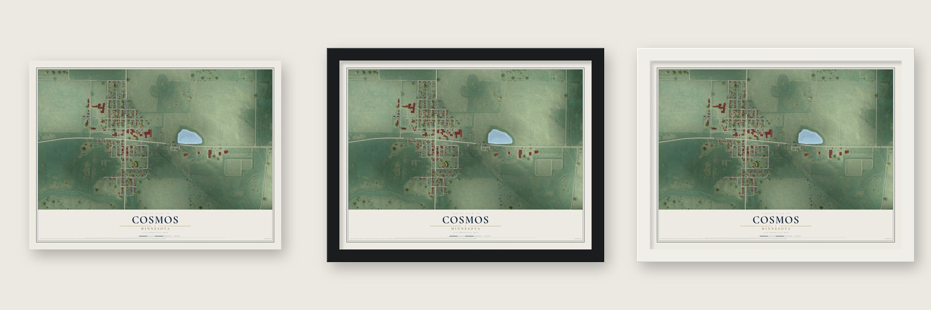 Cosmos, Minnesota map unframed, in a black wood frame and in a white wood frame