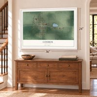 Cosmos, Minnesota map, 24 x 36 inch print in a white frame above a dresser by a staircase