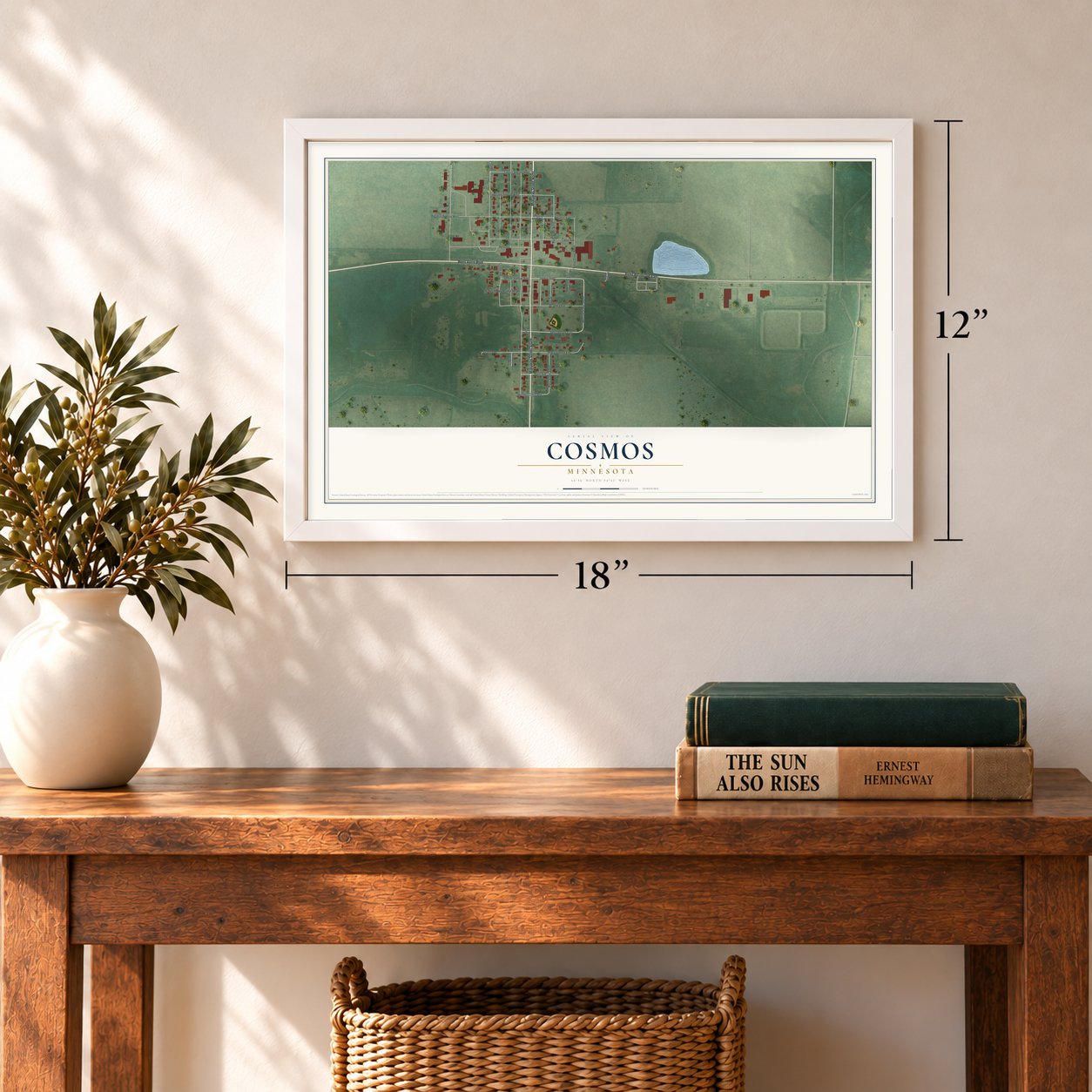 Cosmos, Minnesota map, 12 x 18 inch print in a white frame in an entryway