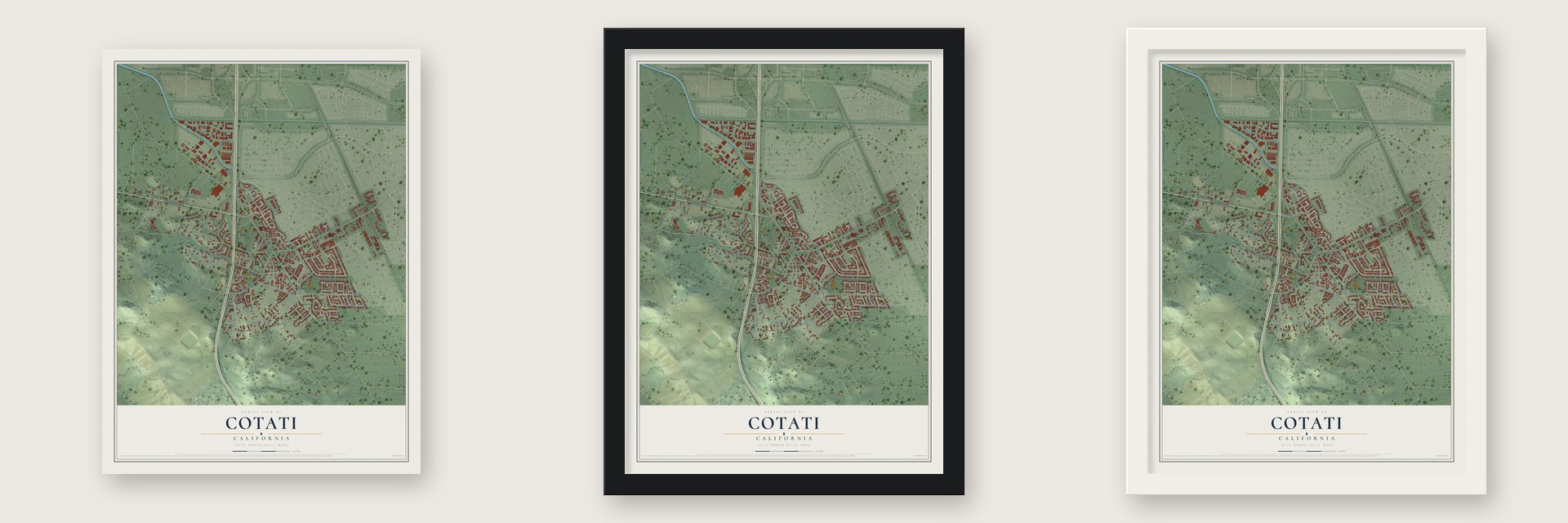 Cotati, California map unframed, in a black wood frame and in a white wood frame