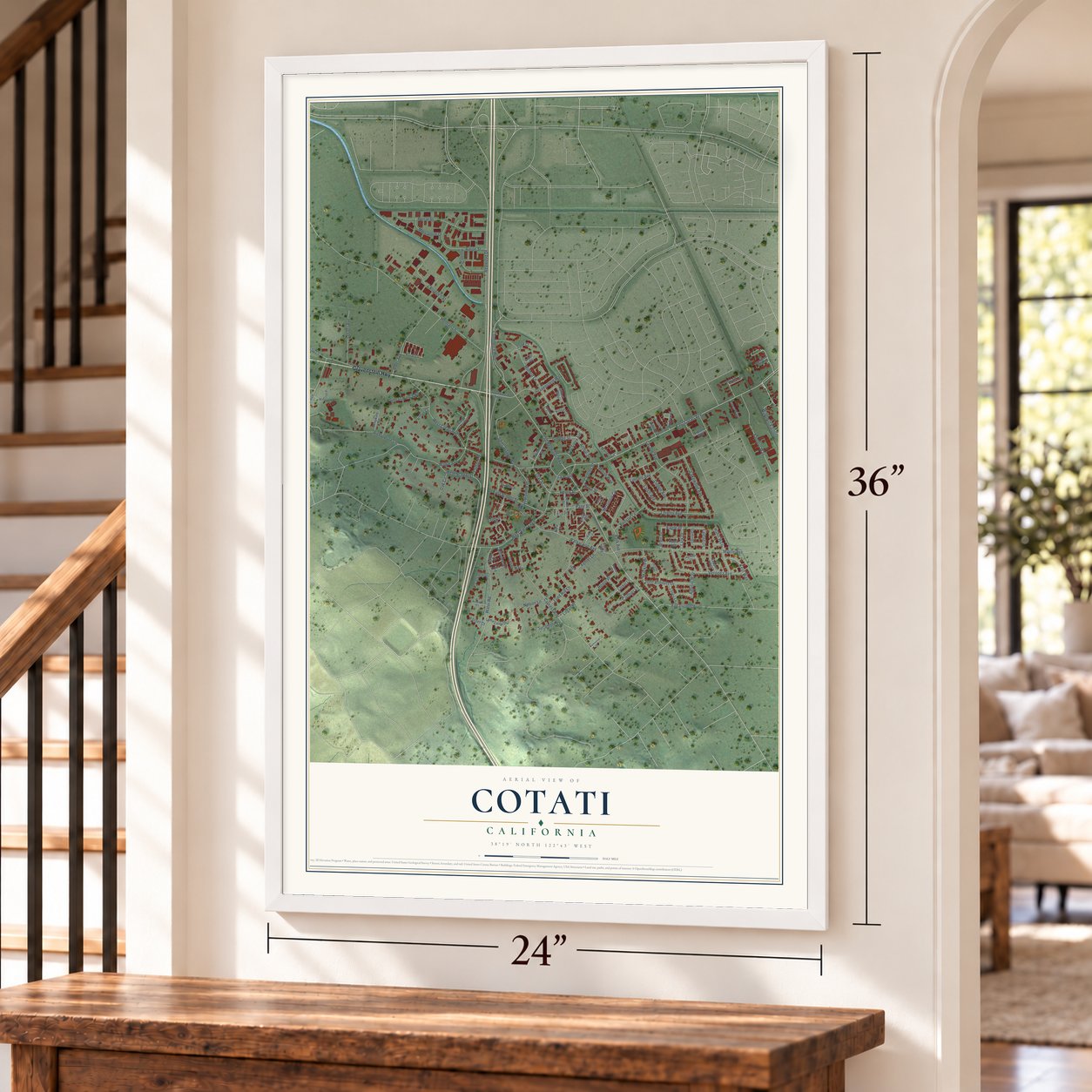 Cotati, California map, 24 x 36 inch print in a white frame by a staircase