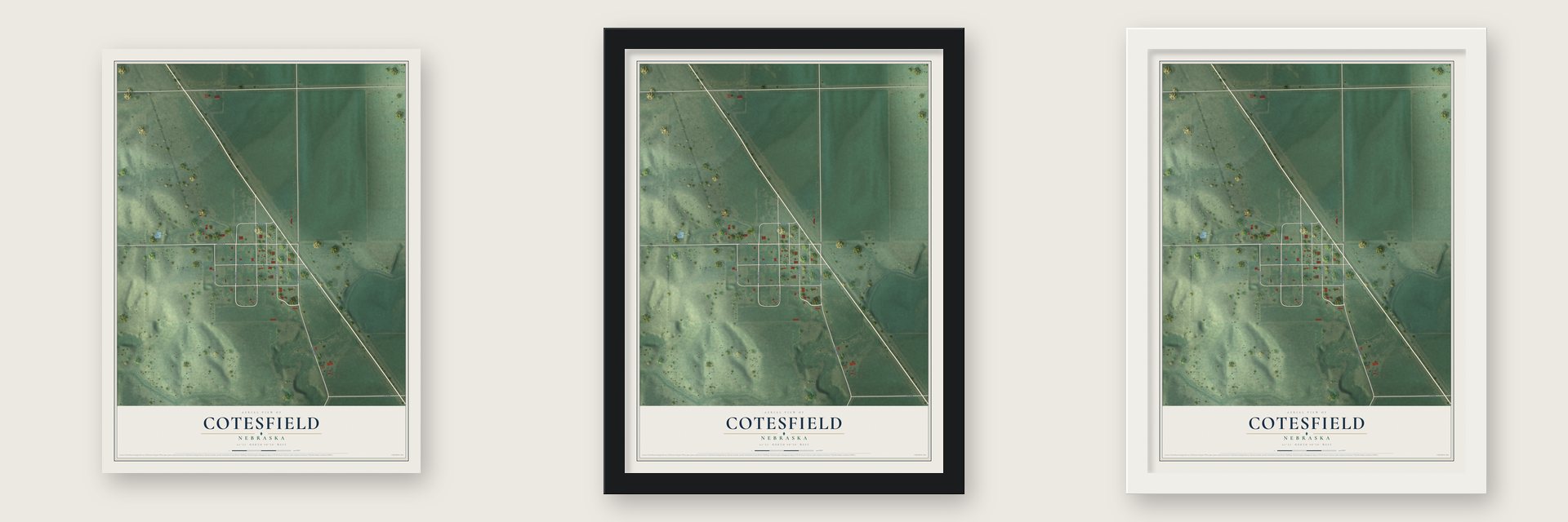Cotesfield, Nebraska map unframed, in a black wood frame and in a white wood frame