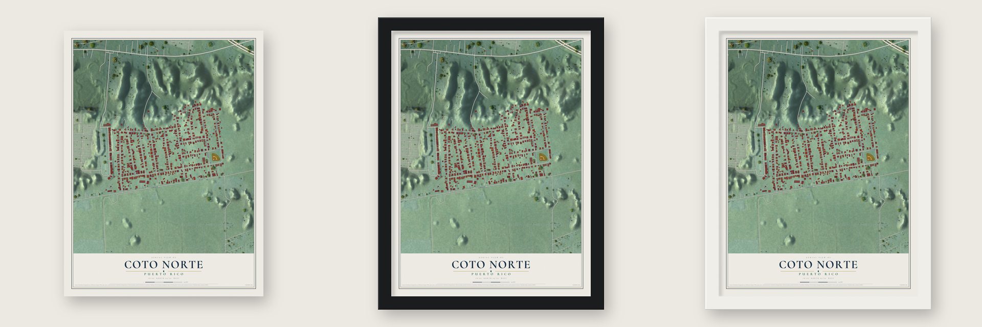 Coto Norte, Puerto Rico map unframed, in a black wood frame and in a white wood frame