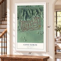 Coto Norte, Puerto Rico map, 24 x 36 inch print in a white frame by a staircase