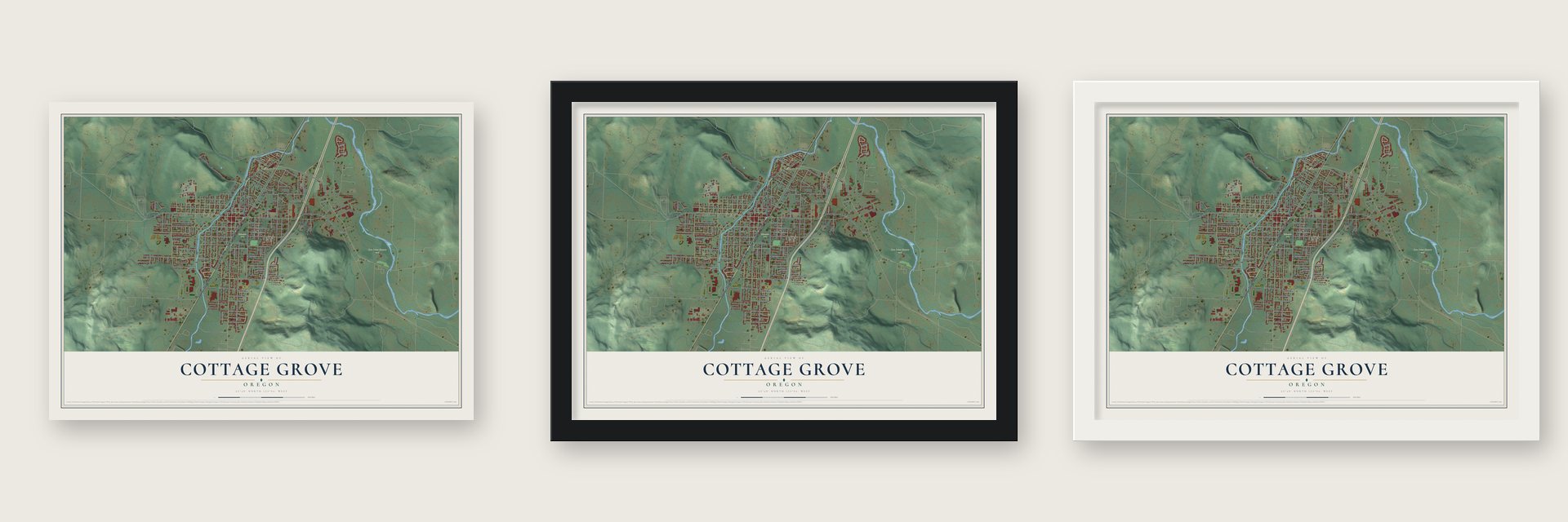 Cottage Grove, Oregon map unframed, in a black wood frame and in a white wood frame