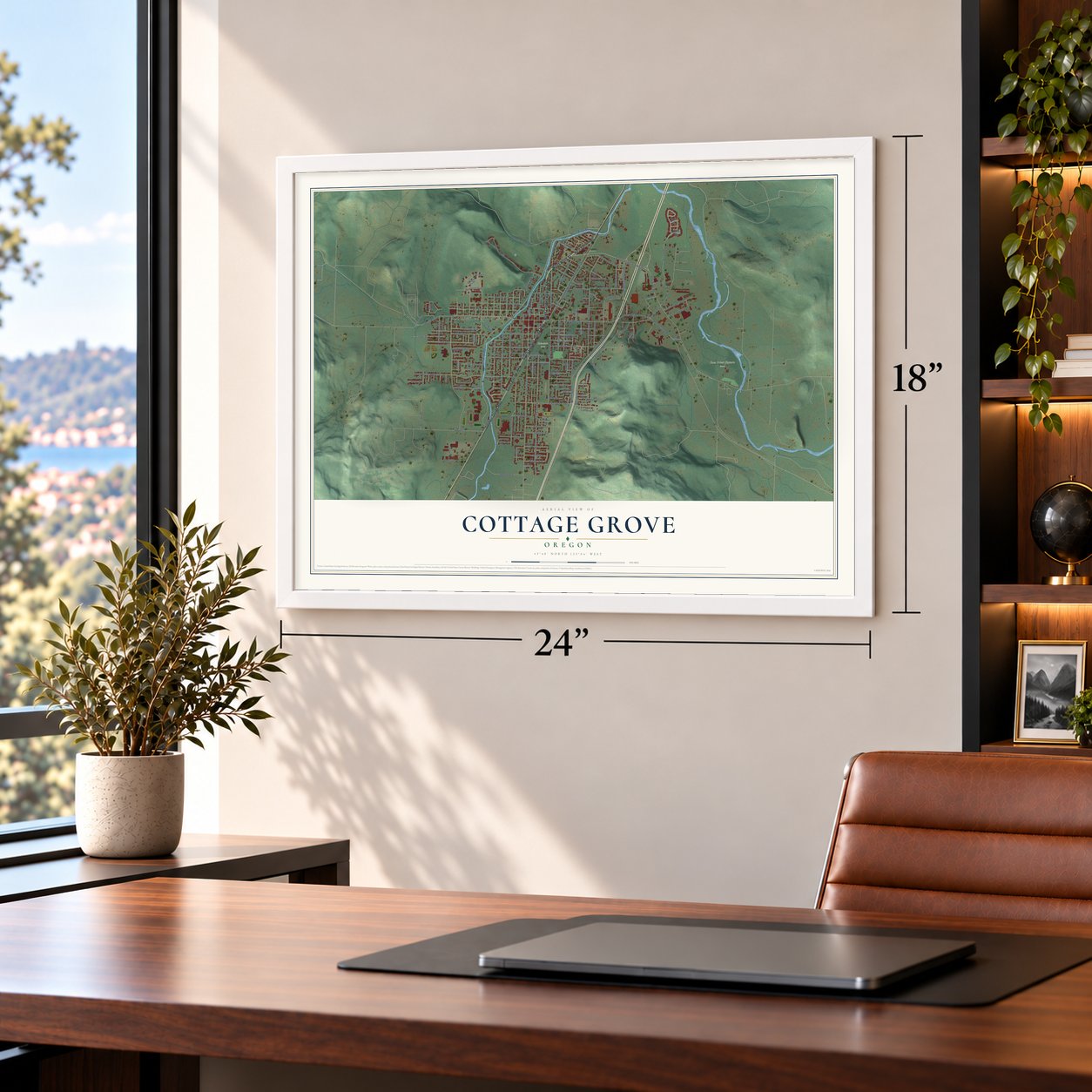 Cottage Grove, Oregon map, 18 x 24 inch print in a white frame in a home office
