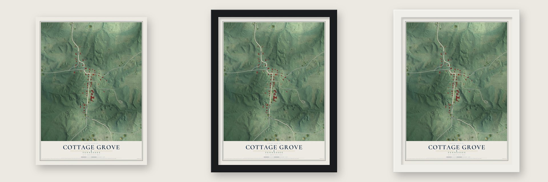 Cottage Grove, Tennessee map unframed, in a black wood frame and in a white wood frame