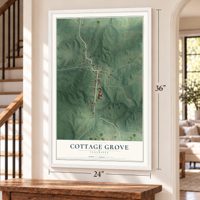 Cottage Grove, Tennessee map, 24 x 36 inch print in a white frame by a staircase