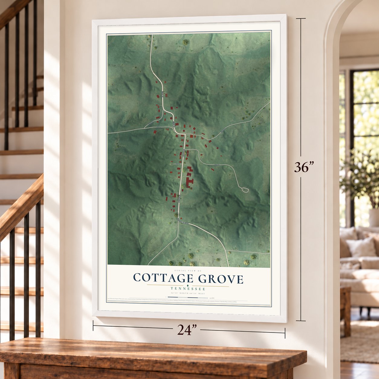 Cottage Grove, Tennessee map, 24 x 36 inch print in a white frame by a staircase