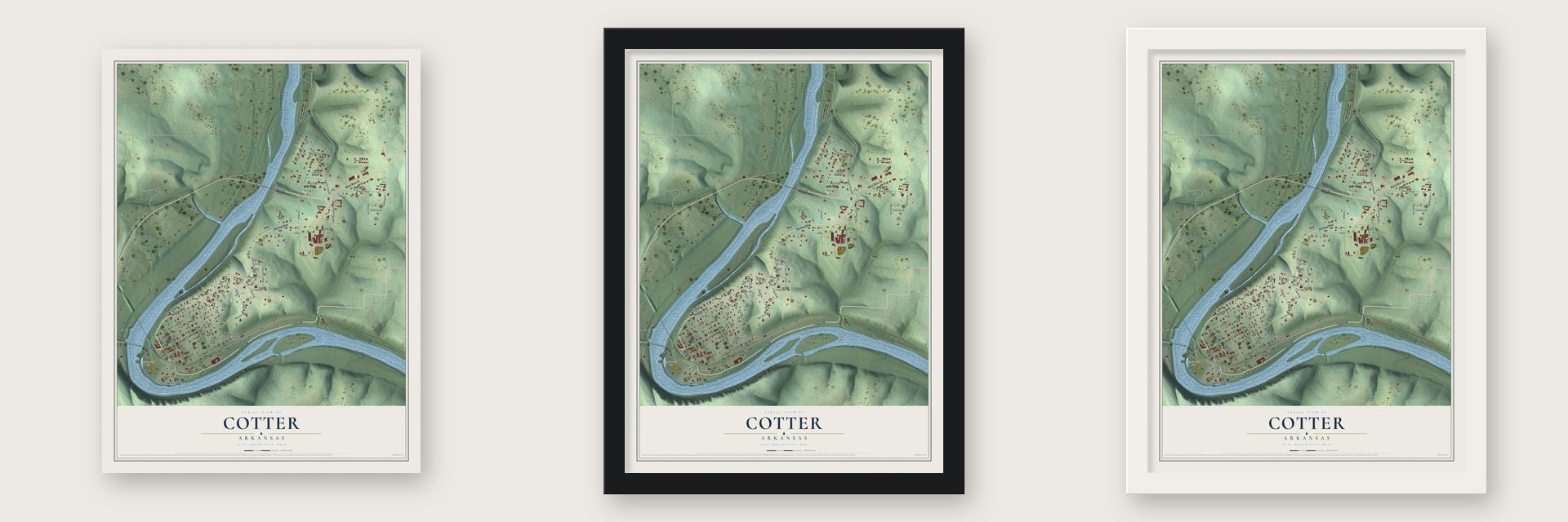 Cotter, Arkansas map unframed, in a black wood frame and in a white wood frame