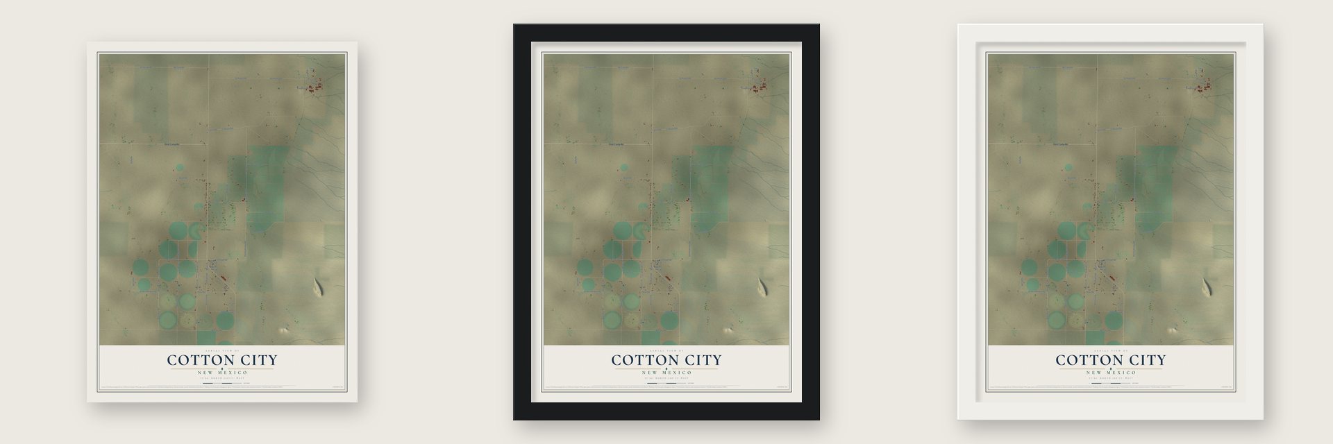 Cotton City, New Mexico map unframed, in a black wood frame and in a white wood frame