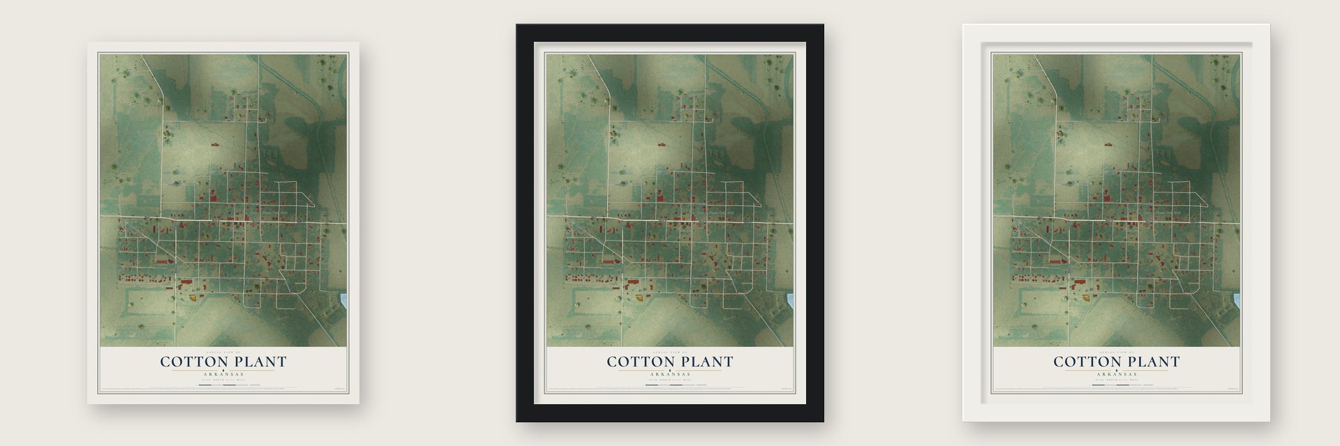 Cotton Plant, Arkansas map unframed, in a black wood frame and in a white wood frame