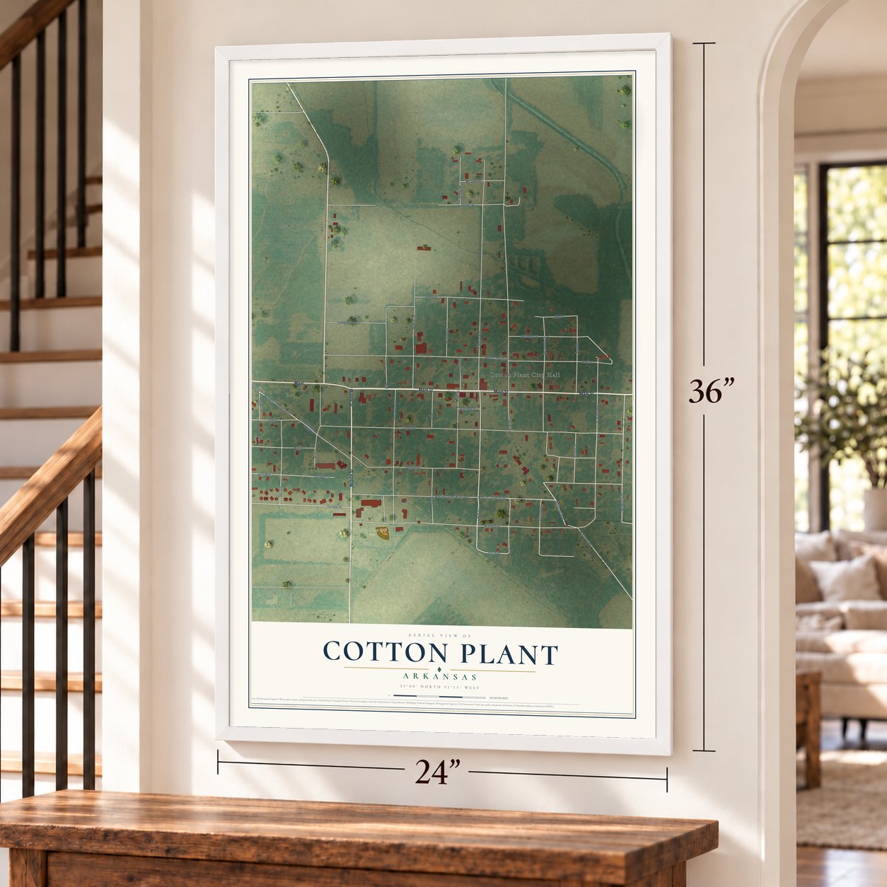 Cotton Plant, Arkansas map, 24 x 36 inch print in a white frame by a staircase