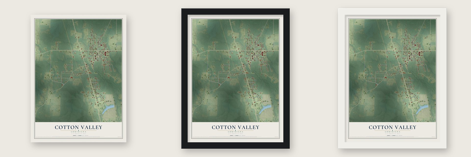 Cotton Valley, Louisiana map unframed, in a black wood frame and in a white wood frame