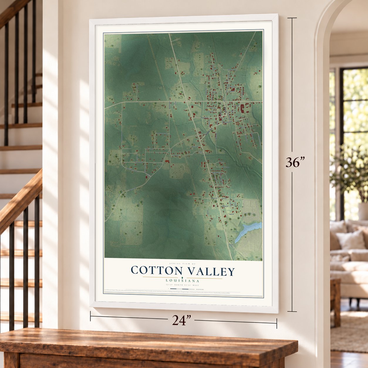 Cotton Valley, Louisiana map, 24 x 36 inch print in a white frame by a staircase