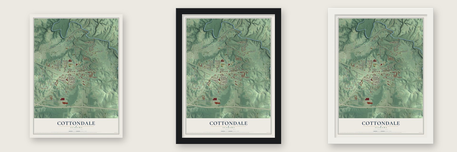 Cottondale, Alabama map unframed, in a black wood frame and in a white wood frame