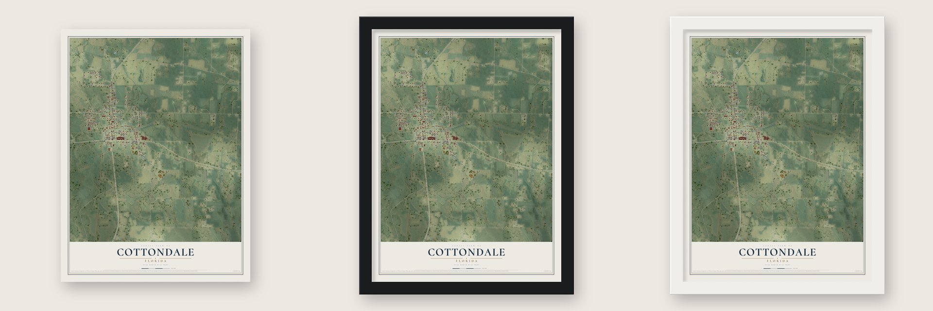 Cottondale, Florida map unframed, in a black wood frame and in a white wood frame