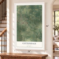 Cottondale, Florida map, 24 x 36 inch print in a white frame by a staircase