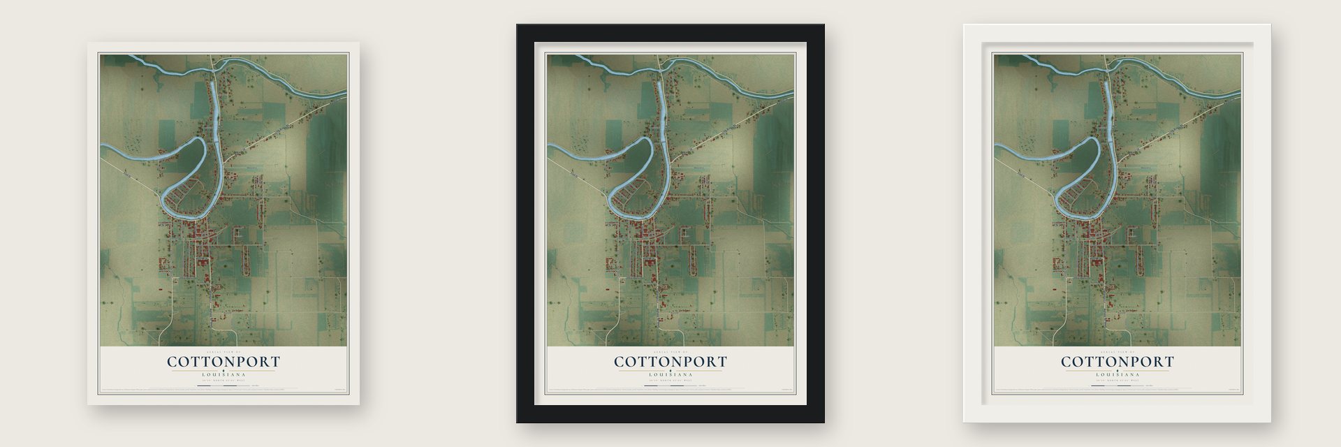 Cottonport, Louisiana map unframed, in a black wood frame and in a white wood frame