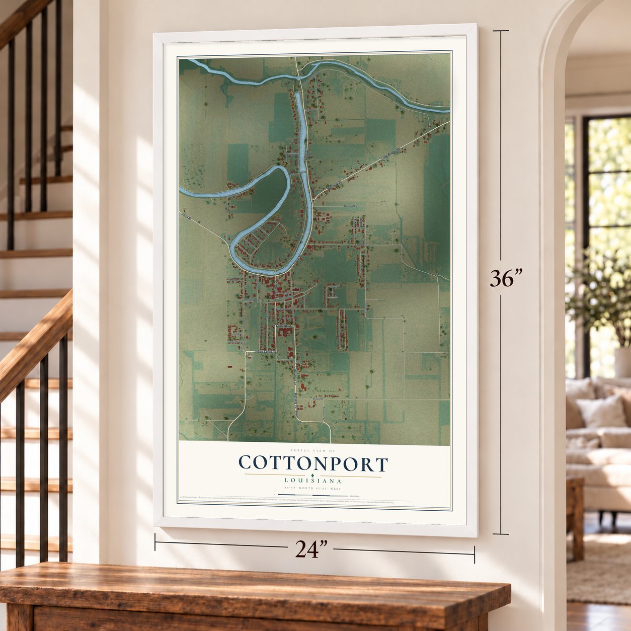 Cottonport, Louisiana map, 24 x 36 inch print in a white frame by a staircase