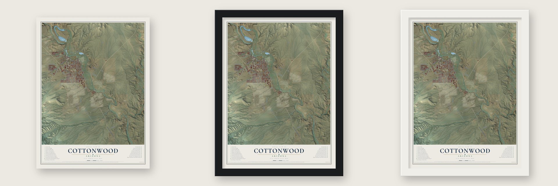 Cottonwood, Arizona map unframed, in a black wood frame and in a white wood frame