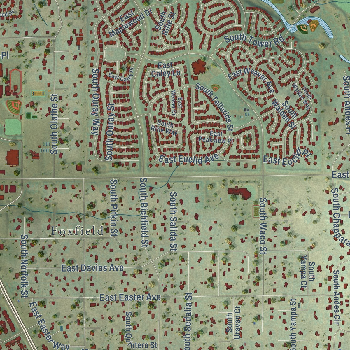 Second close-up of the map of Cottonwood, Colorado print showing more streets and buildings