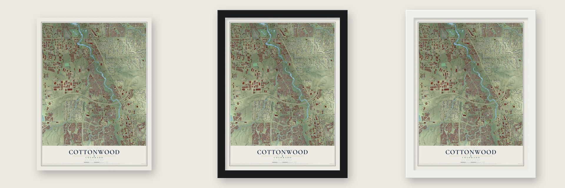 Cottonwood, Colorado map unframed, in a black wood frame and in a white wood frame