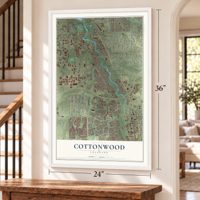 Cottonwood, Colorado map, 24 x 36 inch print in a white frame by a staircase