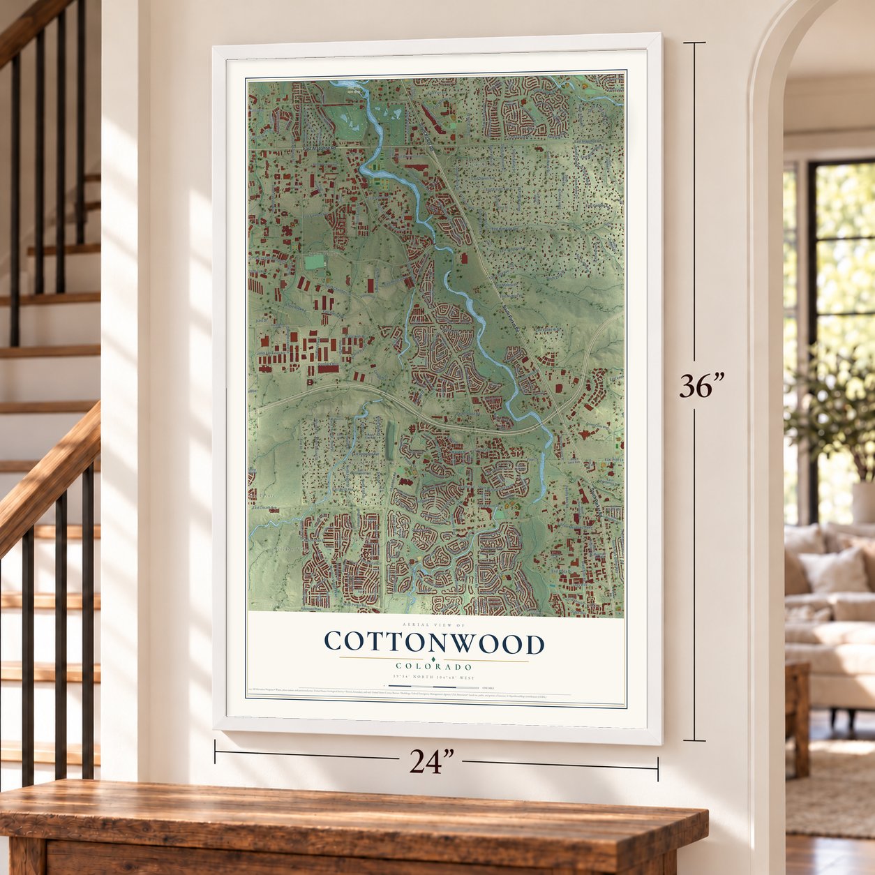 Cottonwood, Colorado map, 24 x 36 inch print in a white frame by a staircase