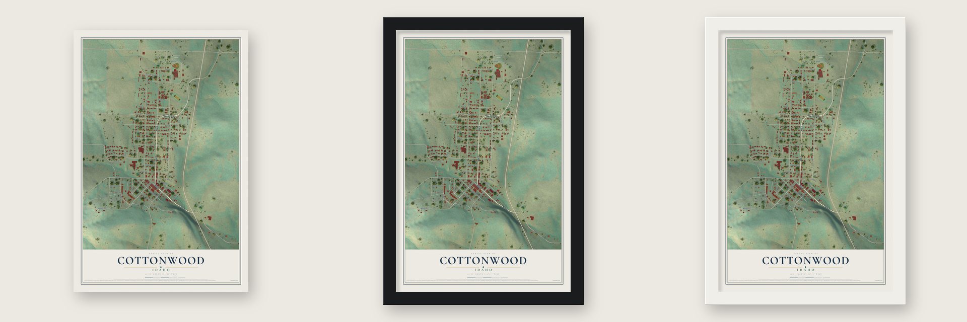 Cottonwood, Idaho map unframed, in a black wood frame and in a white wood frame